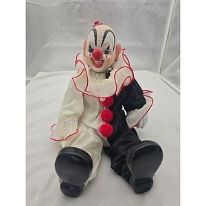 VINTAGE 1983 BLACK & WHITE DYNASTY DOLL SITTING CLOWN PORCELAIN 16"